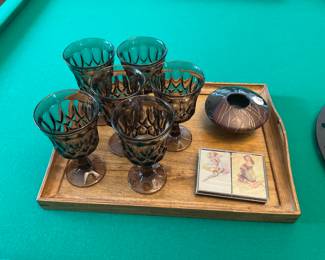 Beautiful Noritake "Perspective" Brown Wine Glasses Shown with Vintage Pinup Cards and a Ceramic Flower Pot by John & Carole Bandurchin.