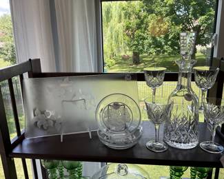 Waterford "Lismore" Decanter Shown with a Set of 4 Gotham 7" Set of 4 Wine Glasses, a Set of 2 Etched Wine Caddy's and Frosted Glass Vintage Cambridge Tray.