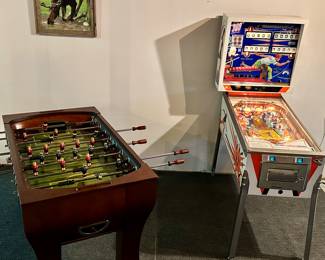 Gamers Welcome!  Beautiful Sportcraft Wooden Stadium Foosball Table and Vintage Pinball Machine.