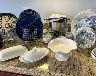 Great Selection Dinnerware Available Including Vintage Wedgwood "Countryside" Blue Dinner & Salad Plates Shown with Gorgeous Cobalt Blue Divided Dinner Plates, Ceramic Centerpiece Decorative Bowl Made in Poland by Andar Ceramics and a Stainless Steel Fondue by My Perfect Kitchen, Trudeau Salt and Pepper Mill 