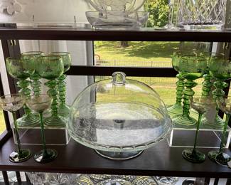 Lovely Green Moser Roemer Czech Chalice Goblets, Set of 8 Avaialble and a Set of 4 Antique Venetian Cordials shown with a Domed Lid Pedestal Cake Plate.