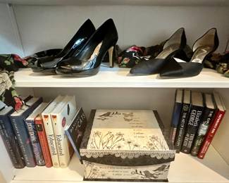 Gorgeous Heels including Franco Sarto & Nina Shown with a Decorative Storage Box and A Few of the Books Available including Judith Michael, Chris Whitaker, Paula Hawkins and More.