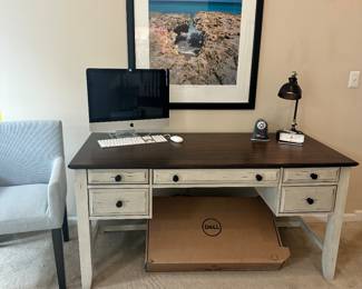 Gorgeous Shabby Chic Finished Desk with Built in Charging Station, 5Drawers, 5'W x 20"D x 30"H, and Brand New Dell Flat Panel Monitor P2723QE with Swivel Stand.
