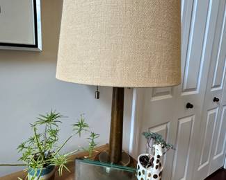 Wooden Two Arm Table Lamp with Cream Shade.