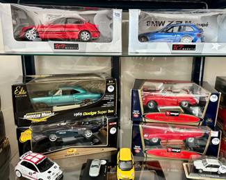 Still More Amazing Model Cars Available! We have a UT Models BMW 328i & Z3 M Coupe, and a Pair of Burago Porsche 356 B and Jaguar "E" coupe 1961 a <Maisto BMW Z8 and Elite Edition American Muscle 1969 Dodge Super Bee.