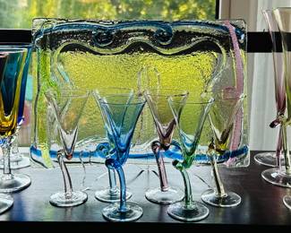 Stunning Multi Colored Formal Glassware Available Including Italian Ivat Glassware "Dancing" Champagne Flutes & Cordials.