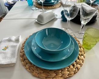 Up Close View of the Three-Piece Turquoise Place Setting shown with Gorgeous Crystal Glasses Including Atlantis Signed Gulotta "Lotus" Wine Glasses and Embroidered Linen Napkins Available.