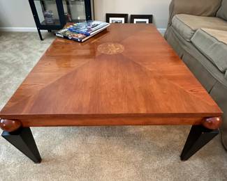 Ethan Allen Wooden Coffee Table with Intricate Wood Grain and Detail.