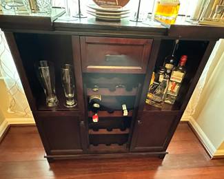 Fabulous Tuscan Bar Cart with Expanding Table Top, 36" x 13"D x 34"W (Closed), 1 Pull Out Drawer, 4 Shelves for Wine Storage, 2 Lower Drawers for Wine Storage.