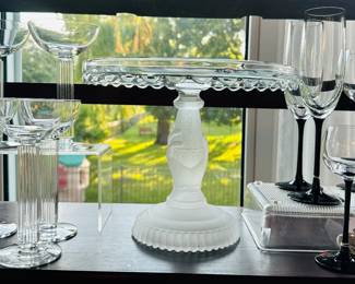 Beautiful Tree of Life by Hobbs Brockunier & Co Frosted Pedestal Cake Stand Shown with Libby Wine Deco Cut Crystal Glassware and MCM Wiesenthal "Hutte" Including Cordials, Champagne, Red and White Glasses.