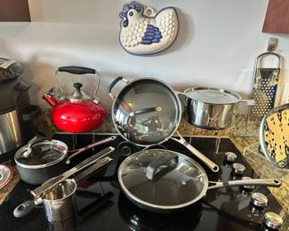 Great Selection of Pots and Pans Available Including Simply Calphalon, a Chantal Tea Pot and Signed Ceramic Thun Tile.