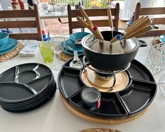 Incredible 29 Piece Enamel Cast Iron Fondue Set Complete with 6 Matching Divided Dinner Plates.