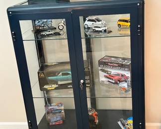 Metal Navy Blue Display Cabinet with Lock and Adjustable Glass Shelves, 43" x 15"D x 31".