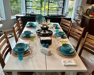 Stunning White Farm House Style Dining Table with Two Leaves (On Either End) Conveniently Stored Inside the Table (41"W x 83"D x 83"H) and Gorgeous Blue Dishes.