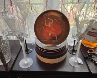 Whimsical Pottery Barn "Bubble" Appetizer Plates Shown with the Signed Coyle "Tigerlilly" Champagne Flutes.