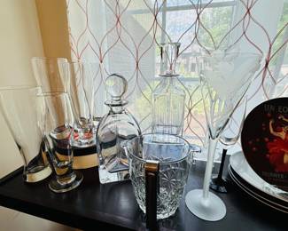 Additional Glass Pilsner Glasses, Atlantis Decanter, "Avenue Square" Decanter by Rogaska, Mini Ice Bucket, Coyle Signed "Tiger Lilly" Set of 4 Champagne Flutes.