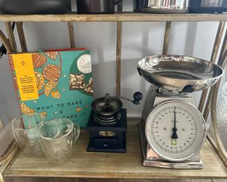 Great Vintage Wooden Coffee Bean Grinder, a Vice Versa Scale, Starbucks Glass Coffee Mugs and "What to Bake and How to Bake it" Cookbook by Kane Hornby.