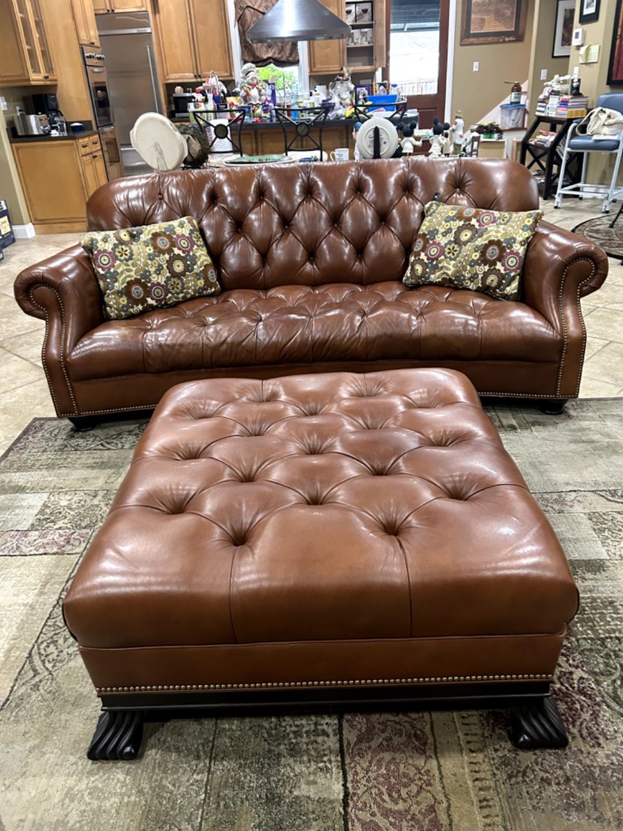 Hancock & Moore tufted leather sofa & ottoman