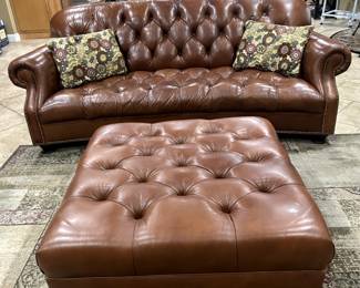 Hancock & Moore tufted leather sofa & ottoman