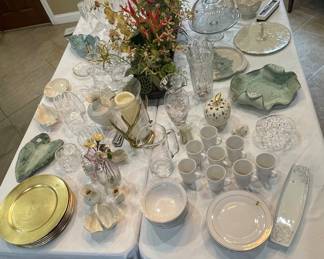 Assortment of glassware, pottery, china, cake stand and chargers