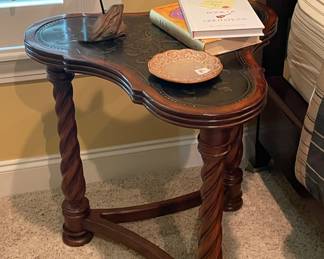 Cherry wood clover shape accent table with pressed metal top