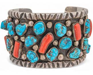 1975 Sterling SIlver Turquoise and Coral Cuff