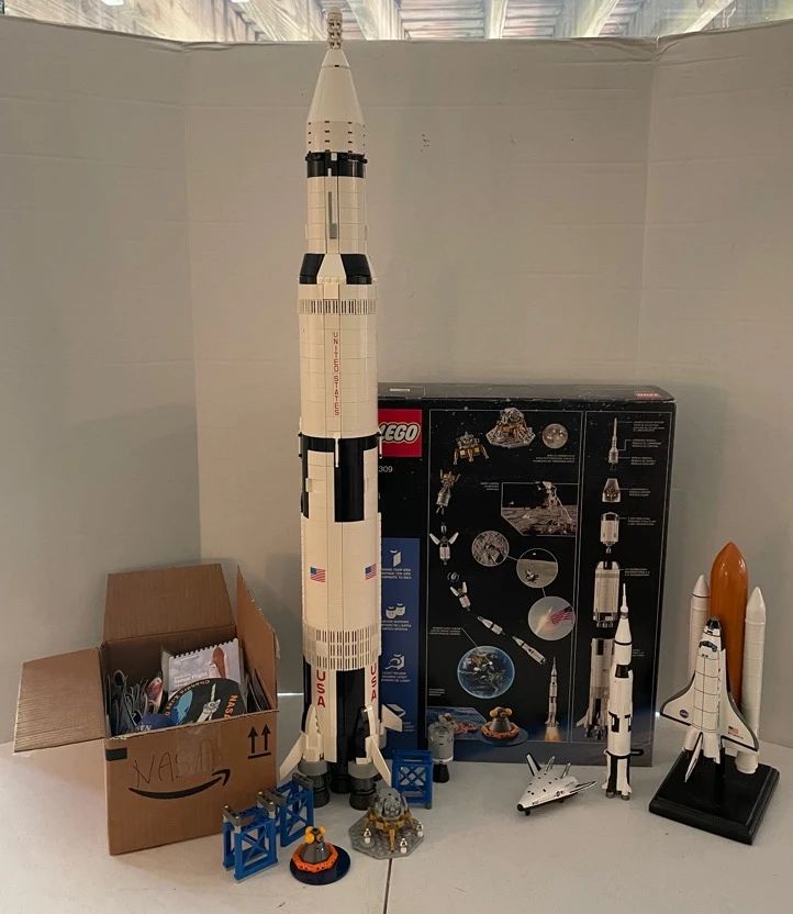 001 Lego NASA Apollo V Set, Space Shuttle Models, Mystery Box of NASA Space Pins, Stickers, More