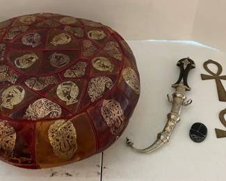Eqyptian Faux Leather Floor Cushion, Decoration Dagger, Eqyptian Ankhs Scarrab Beetle