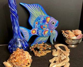 Gold Plated Bonsai Tree, Sea Shells, Ceramic Angel Fish, Hand Blown Glass Vase, Wooden Gecko