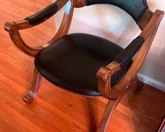 Mid Century Spanish Black Leather And Solid Wood Accent Chair