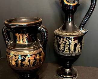 Greek Ceramics Vtg Black 24K Gold Decorative Urn Decanter Pitcher