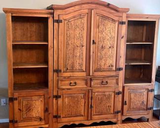 Rustic Style Wood Armoire And 2 Book Cases With Metal Hardware