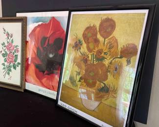 Three Framed Floral Framed Art Work Georgia Okeeffe Print, Van Gogh Sunflowers Print
