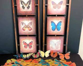 Beaded Table Runner W Butterfly Design, Matching Metal Butterfly Wall Hangings, 6 Paper Decorations