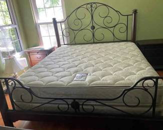 King Sized Metal Dark WoodStyle Bed Frame, Mattress, Boxspring