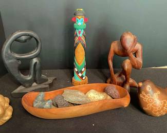 Wooden Decorative Dish,Weeping Wooden Buddha, Statue Of Thinking Man,Vtg Zuni Corn Dancer, Vtg Bird