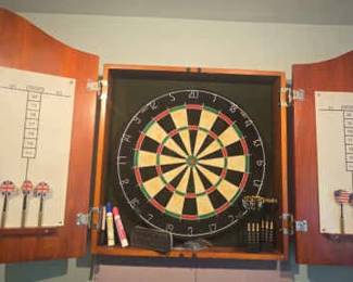Dart Board Cabinet Set With Four Sets Of Darts ,Dry Erase Markers And Eraser