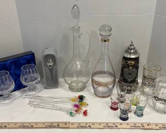 Vintage Glass Decanters, Vintage Plastic Drink Stirers, Shot Glasses, Rabbit Aerating Pourer, More