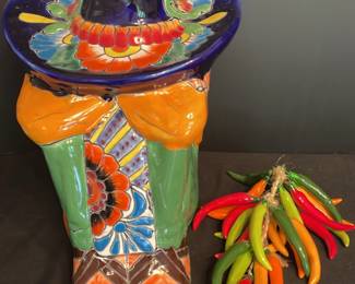 Hand Painted Sombrero Siesta Pottery Statue 7x14 Ceramic Multi Color Decorative Chili Peppers