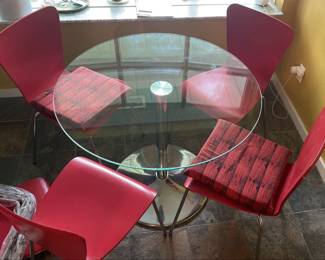 007 Contemporary Modern Round Glass Table With 6 Composite Wood Red Chairs