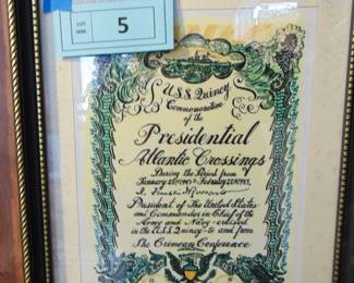 Lot 005 framed 1945 Atlantic Crossing Certificate.