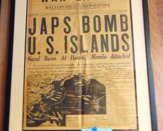 Lot 22 framed newspaper front page on December 8, 1941, from Baltimore News Pilot.