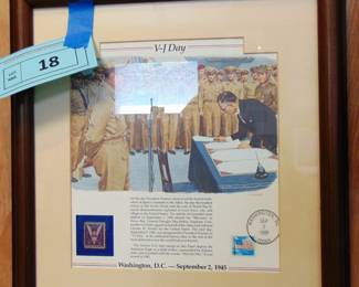 Lot 018 framed First Day Cover of the 44th anniversary of V J Day.