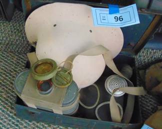 Lot 096 Civil Defense helmet, gas mask and case.
