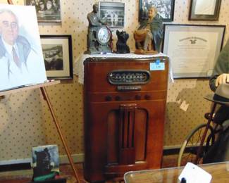 Lot 114 RCA cabinet radio and other FDR memorabilia.