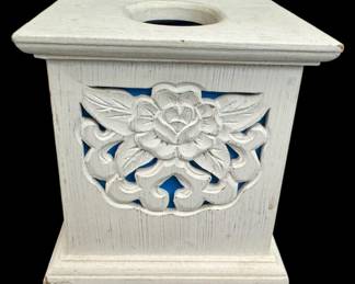White Carved Wood Tissue Box