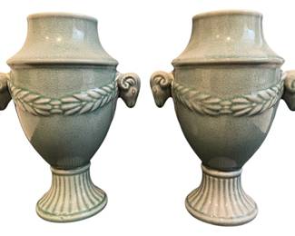 2 Teal Art Deco Ceramic Vases