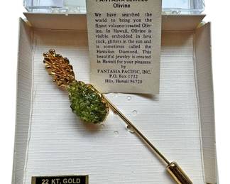 Green Olivine Pineapple Pin 22k Gold Plate
