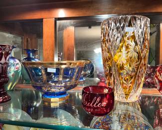 MOSER COBALT & GOLD FOOTED BOWL & MOSER ART DECO CRYSTAL VASE