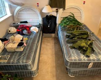 PAIR OF TWIN MATTRESS SETS & PAIR OF WICKER HEADBOARDS